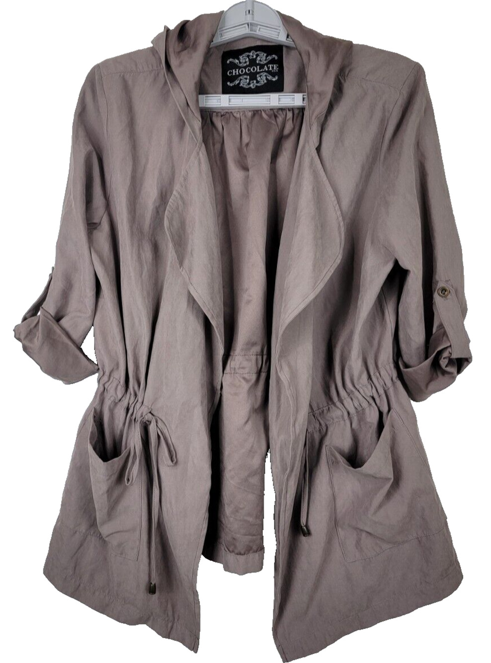 Chocolate Women's Hooded Taupe Open Front String Tie Jacket Size S